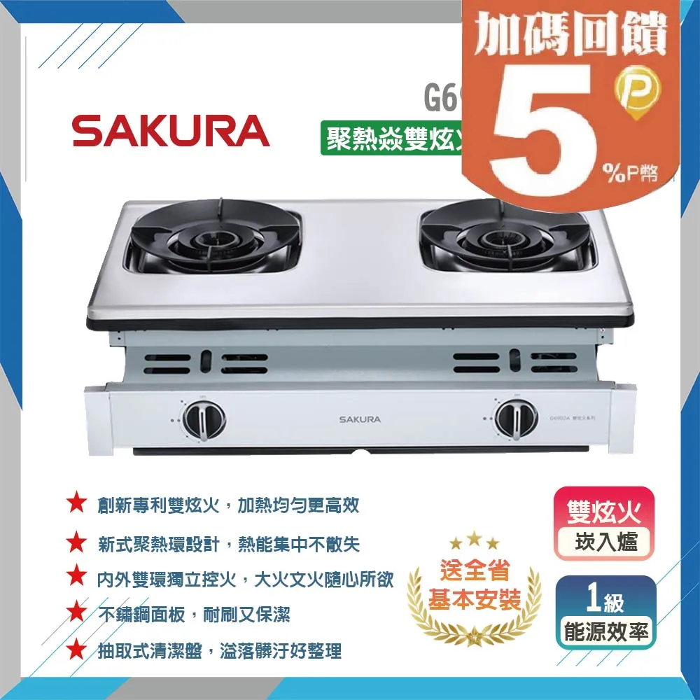 SAKURA櫻花 聚熱焱雙炫火安全爐 G6902A(桶裝瓦斯) 歷史價格詳細信息