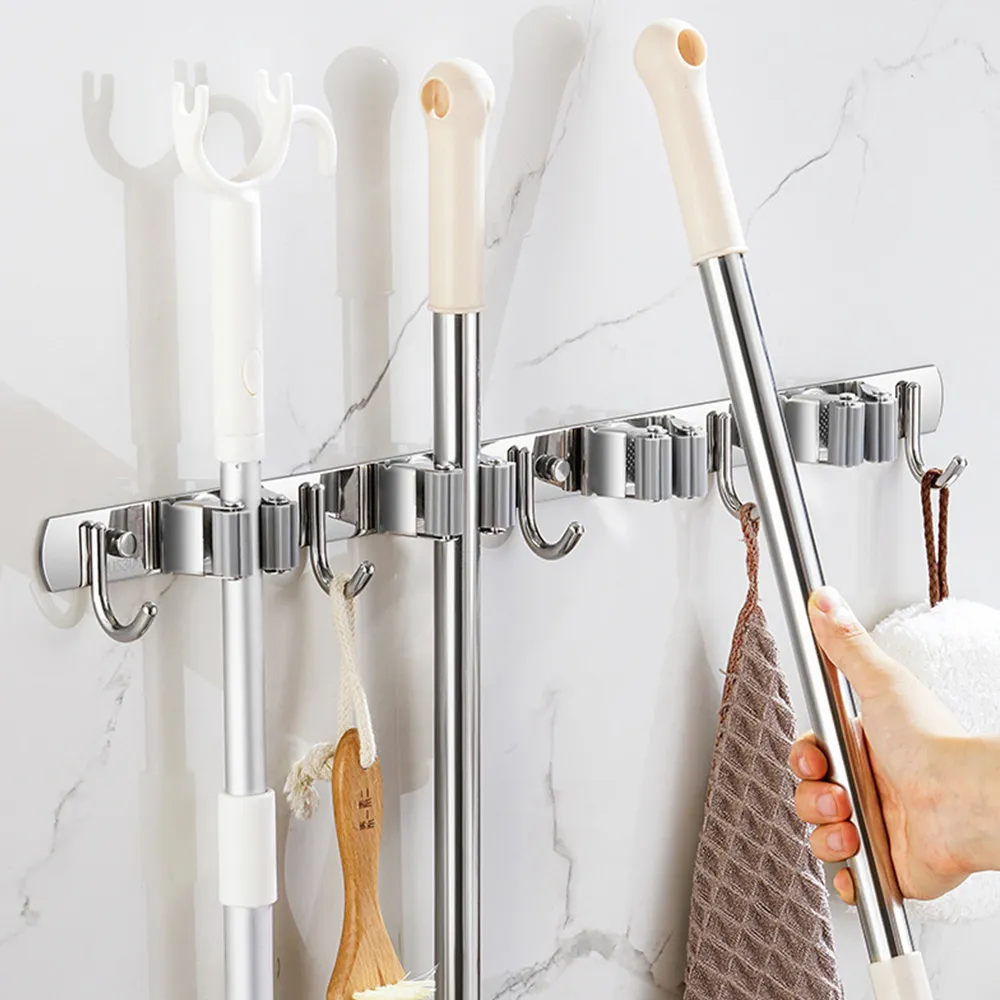 拖把掛鉤304不銹鋼掛拖把架免打孔衛生間拖把夾壁掛陽臺掃把掛架~特價 歷史價格詳細信息