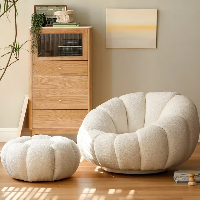 源氏木語羊羔絨南瓜造型單人沙發椅+腳凳 S03127-雲棉白 歷史價格詳細信息