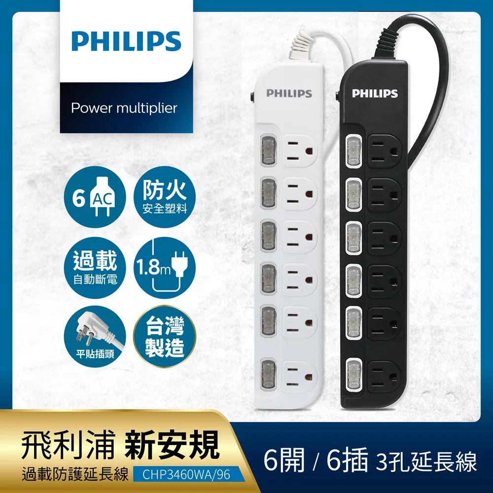 【Philips 飛利浦】6開6座延長線 1.8M 五入組-CHP3460 歷史價格詳細信息