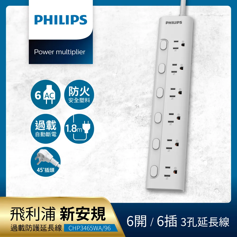 【Philips 飛利浦】6開6座延長線 1.8M 五入組-CHP3460 歷史價格詳細信息