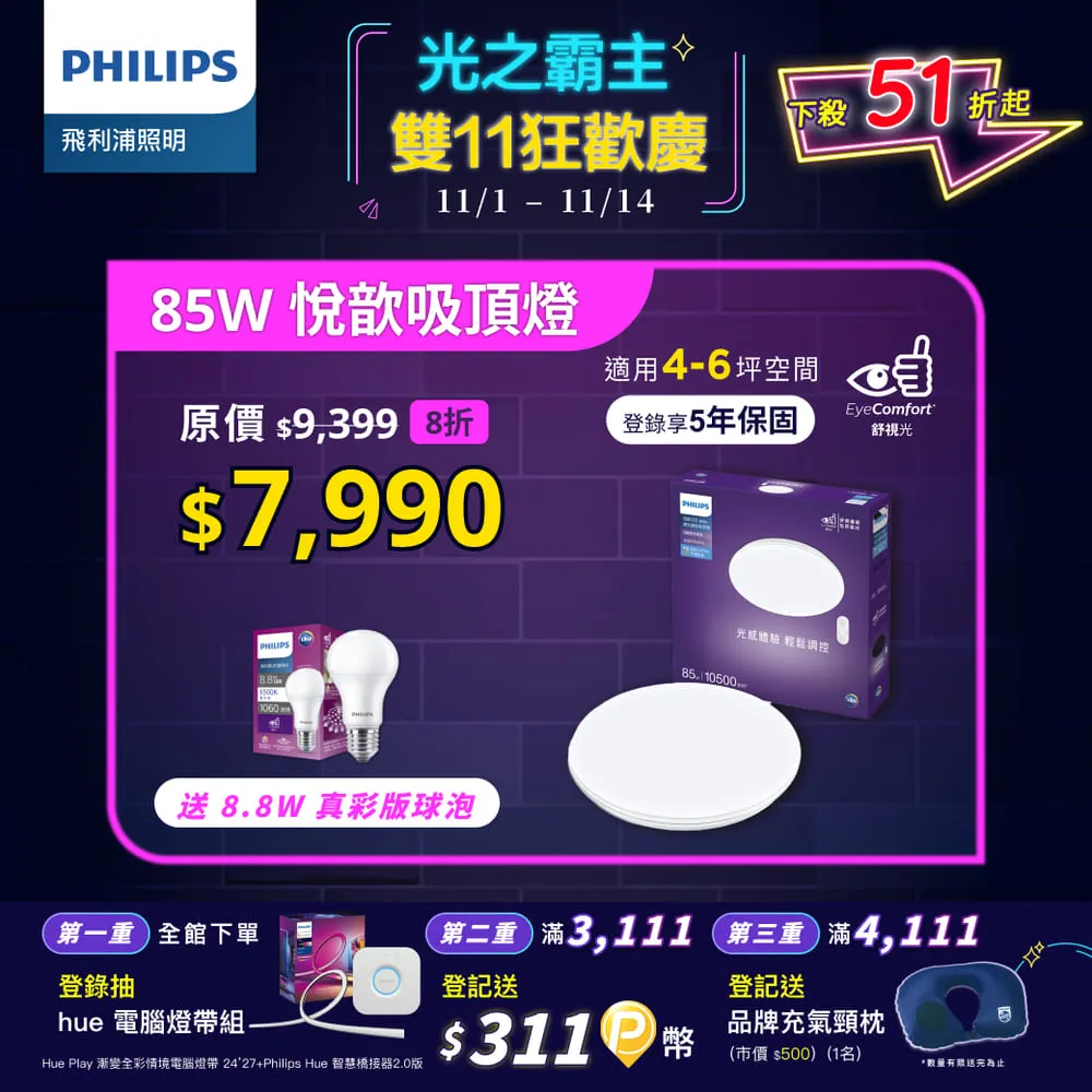 Philips 飛利浦 悅歆 LED 調光調色吸頂燈85W/10500流明-璀璨版 (PA008) 歷史價格詳細信息