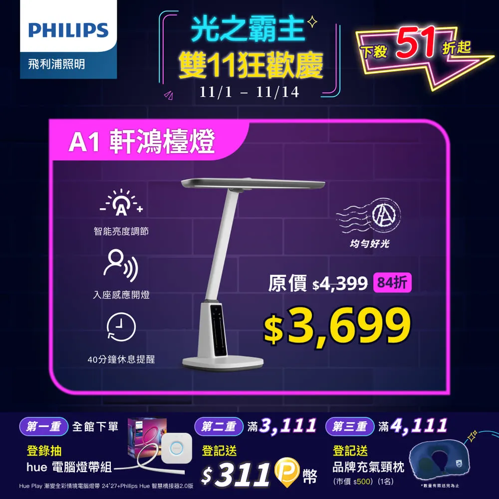 Philips 飛利浦 66277 A1 軒鴻智能LED護眼檯燈(PD062) 歷史價格詳細信息
