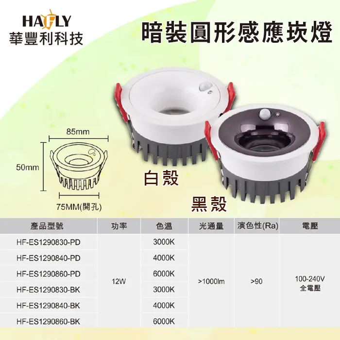 HAFLY 暗裝圓形感應崁燈12W/1000lm 100-240V全電壓 歷史價格詳細信息