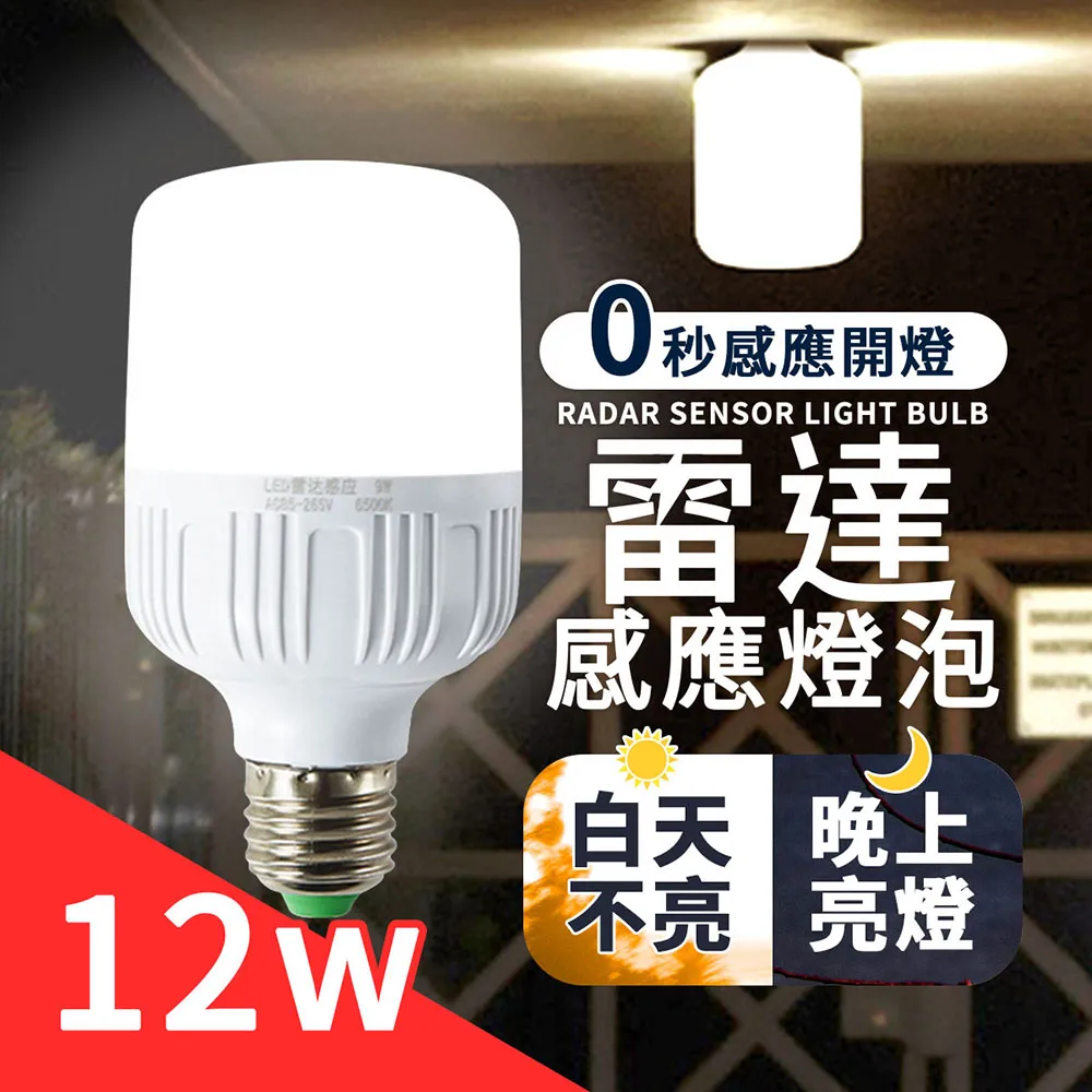 【雷達LED感應燈 12W】 感應燈 E27 感應燈泡 微波雷達 燈泡 走廊燈 車庫燈 (暖光/白光) 歷史價格詳細信息