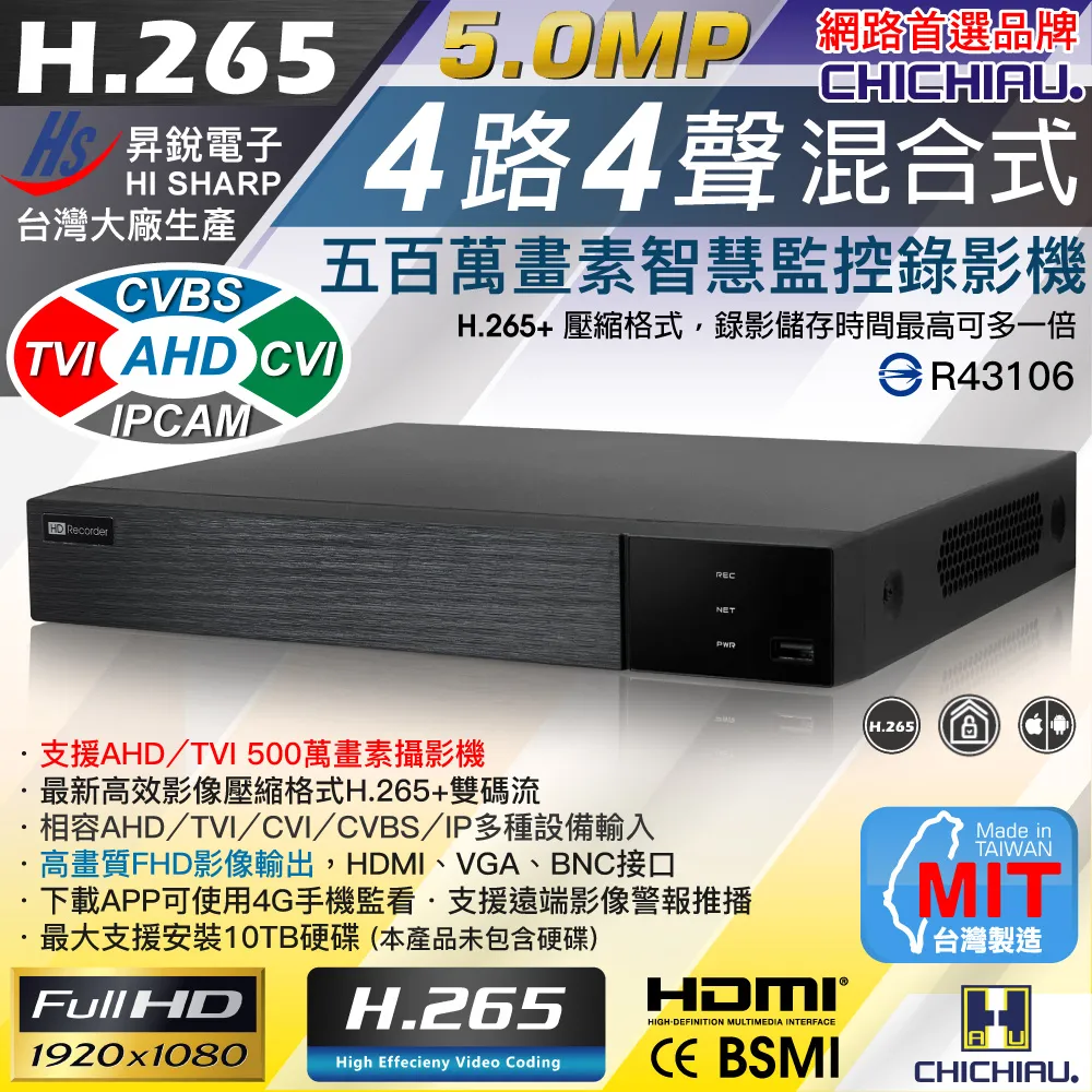 【CHICHIAU】4路HD-CVI 1080P數位高清遠端監控套組(含SONY 200萬畫素高功率6陣列燈監視器攝影機x4) 歷史價格詳細信息
