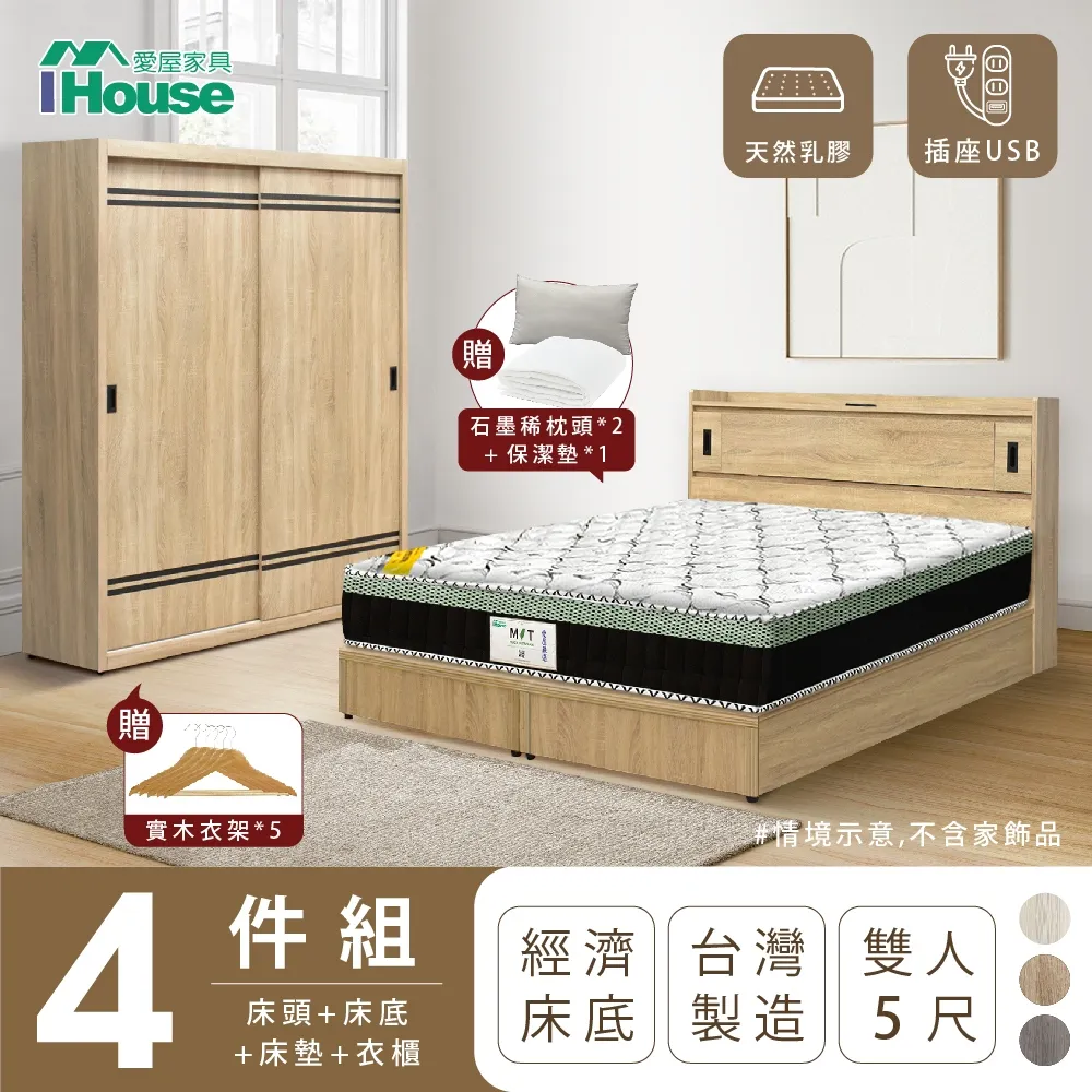 【IHouse】品田 房間4件組 雙人5尺(床頭箱+收納抽屜底+床頭櫃+衣櫃) 歷史價格詳細信息