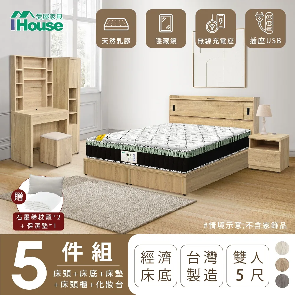 【IHouse】品田 房間5件組 雙人5尺(床頭箱+收納抽屜底+床墊+床頭櫃+衣櫃) 歷史價格詳細信息