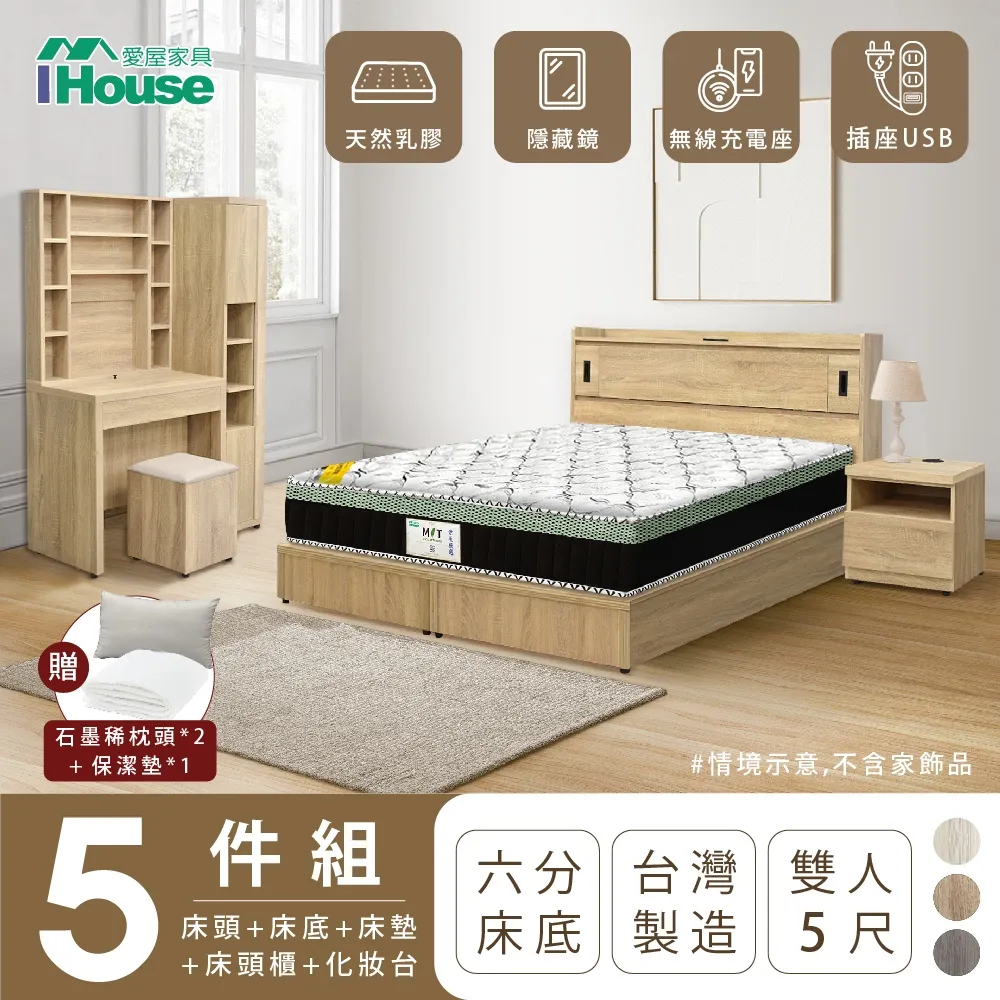 【IHouse】品田 房間5件組 雙人5尺(床頭箱+收納抽屜底+床墊+床頭櫃+衣櫃) 歷史價格詳細信息