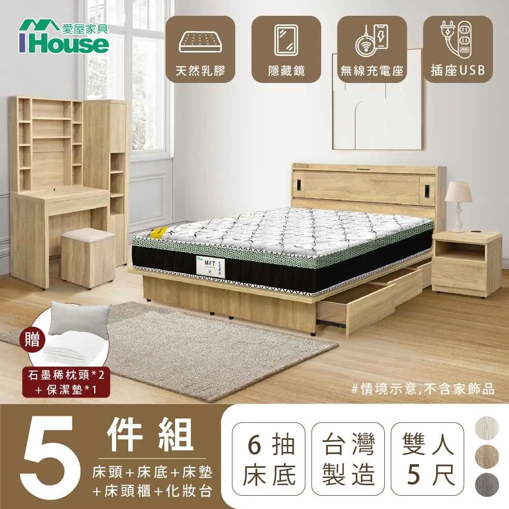 【IHouse】品田 房間5件組 雙人5尺(床頭箱+收納抽屜底+床墊+床頭櫃+衣櫃) 歷史價格詳細信息