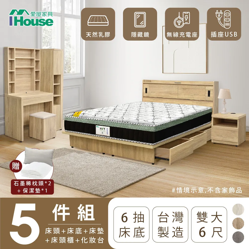 【IHouse】品田 房間5件組 雙大6尺(床頭箱+收納抽屜底+床墊+床頭櫃+鏡台含椅) 歷史價格詳細信息