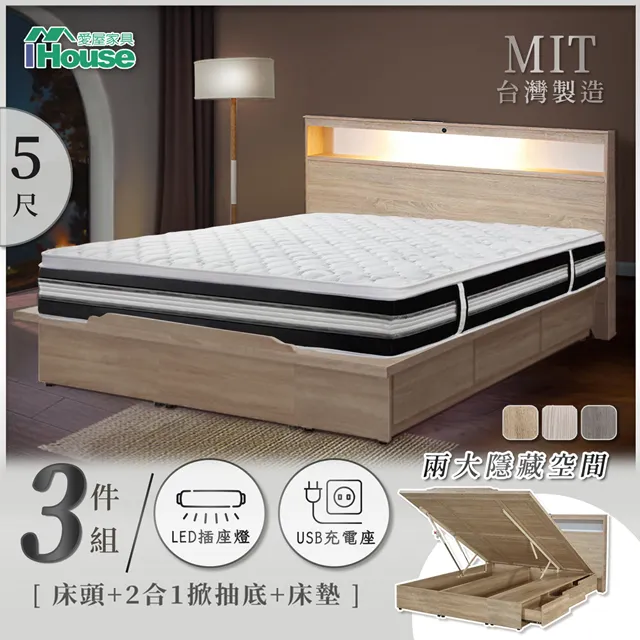 【IHouse】山田 LED燈光插座USB房間3件組(床頭+高腳底+床墊)-雙大6尺 歷史價格詳細信息
