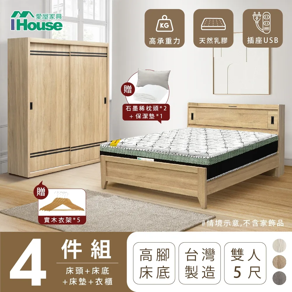 【IHouse】品田 房間4件組 雙人5尺(床頭箱+收納抽屜底+床頭櫃+衣櫃) 歷史價格詳細信息