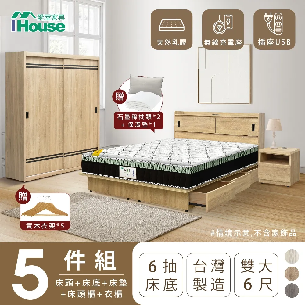 【IHouse愛屋家具】品田 房間5件組(床頭箱、收納抽屜+掀床底、床墊、床頭櫃、斗櫃) 雙大6尺 歷史價格詳細信息