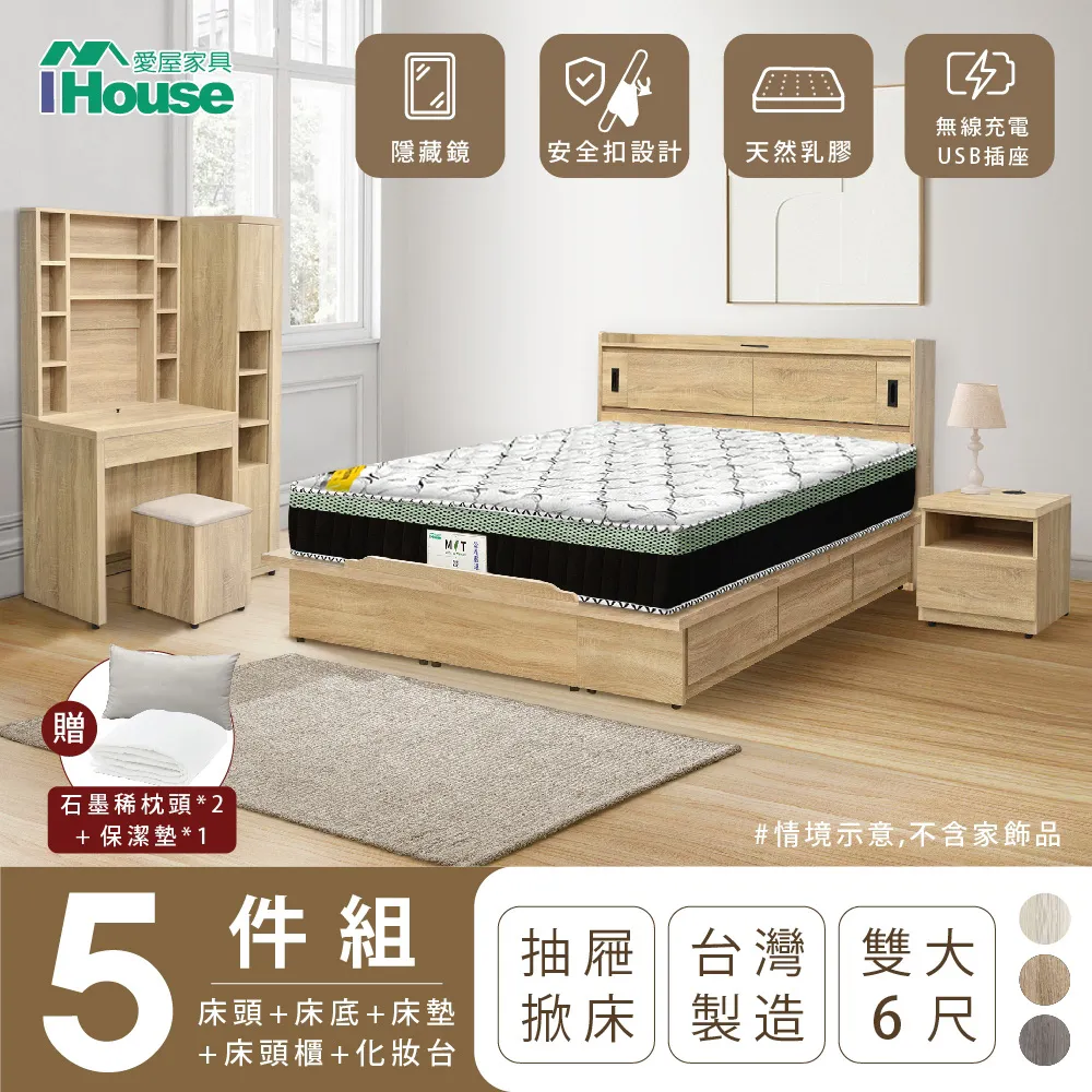 【IHouse】品田 房間5件組 雙大6尺(床頭箱+收納抽屜底+床墊+床頭櫃+鏡台含椅) 歷史價格詳細信息