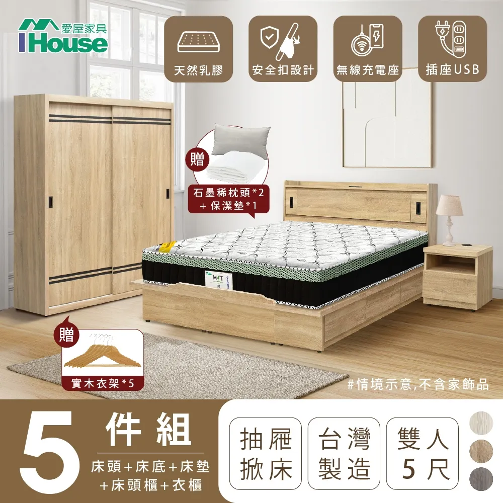 【IHouse】品田 房間5件組 雙人5尺(床頭箱+收納抽屜底+床墊+床頭櫃+衣櫃) 歷史價格詳細信息