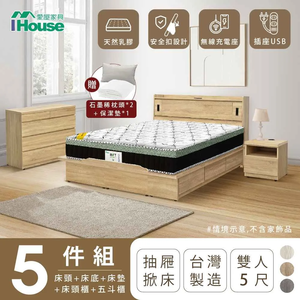 【IHouse】品田 房間5件組 雙人5尺(床頭箱+收納抽屜底+床墊+床頭櫃+衣櫃) 歷史價格詳細信息
