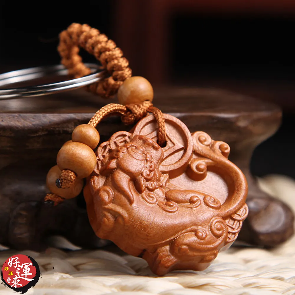 ★好運來★招財咬錢貔貅精雕木鑰匙圈 歷史價格詳細信息