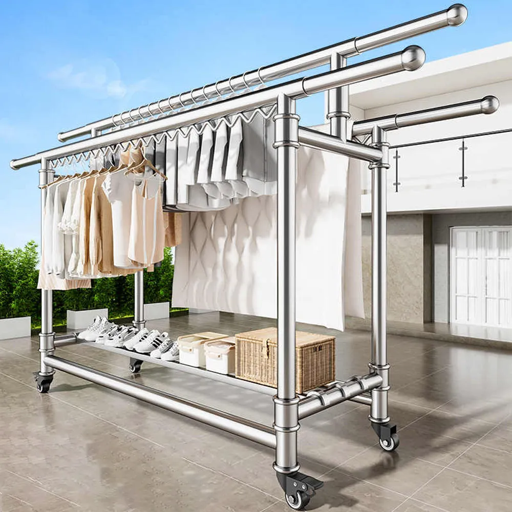 三桿不鏽鋼晾衣架 室內落地曬衣架 折疊伸縮曬被架 晾曬桿 歷史價格詳細信息