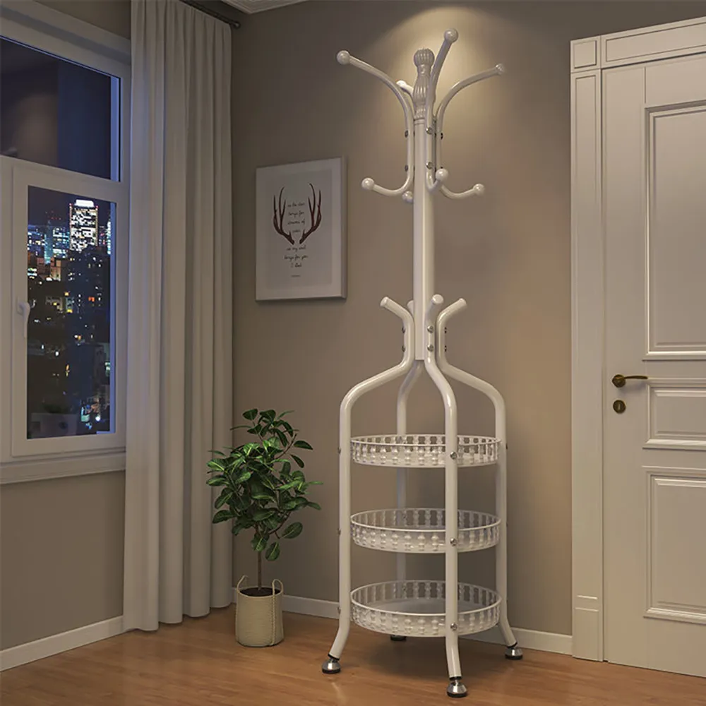 鐵藝衣帽架 落地衣帽架 家用衣架 立杆式挂衣架 衣架 簡易衣架 置物架 可掛圍巾帽子背包 帶儲物盆 三層 歷史價格詳細信息