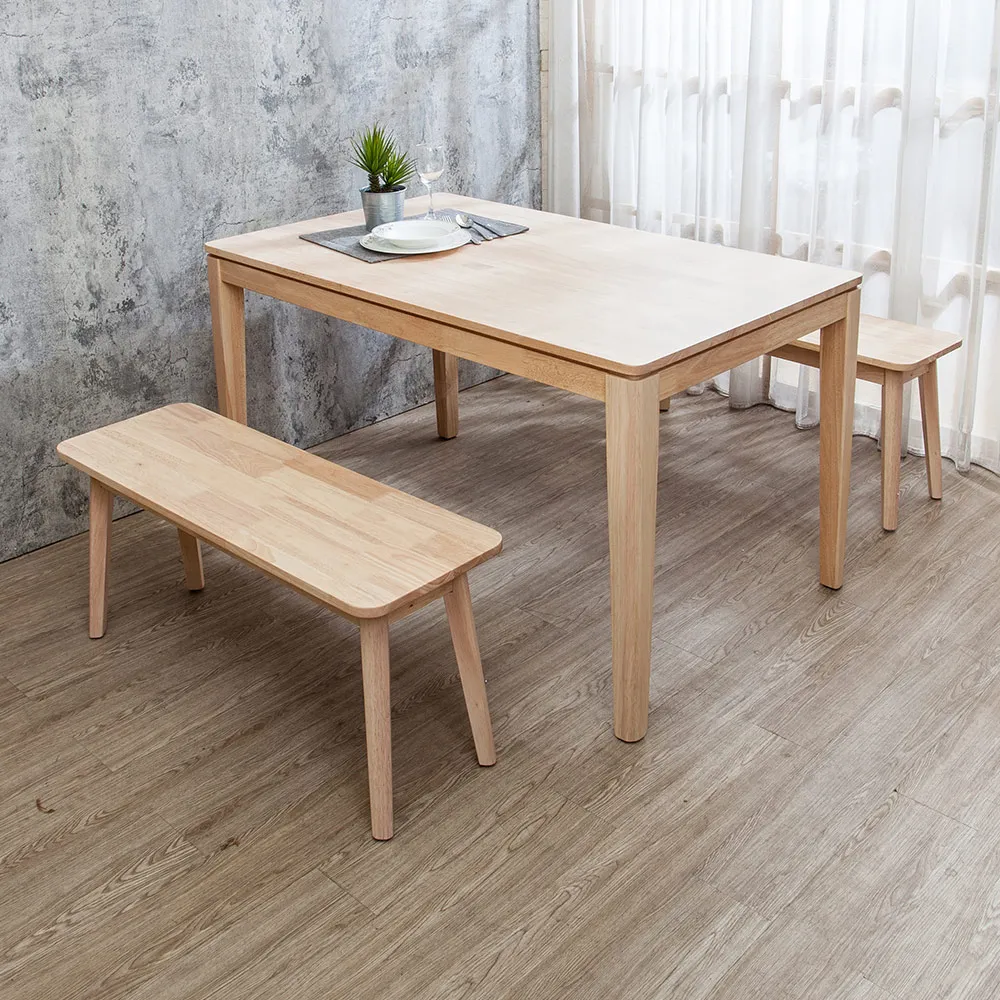 Boden-格倫4.5尺實木餐桌+尼泰灰色布紋皮革實木餐椅+坦卡司3.3尺實木長凳組合-鄉村木紋色 歷史價格詳細信息