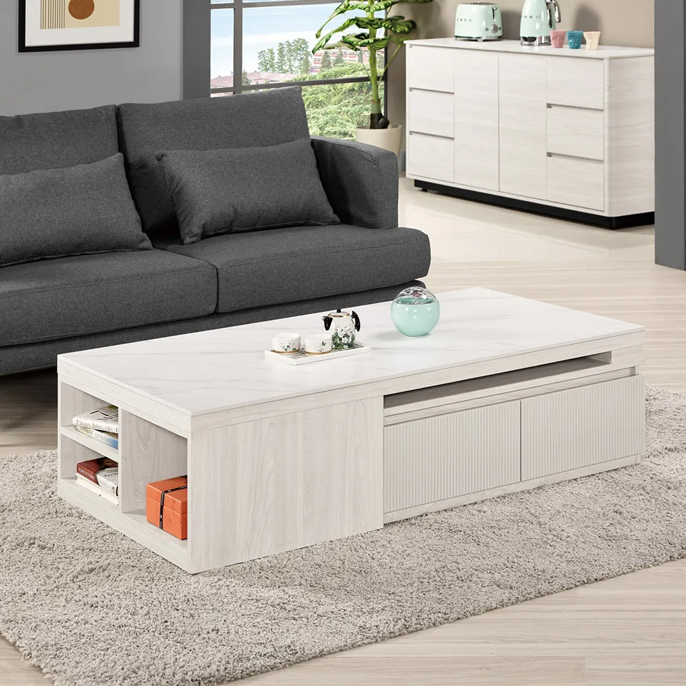 Boden-奧菲3.9尺仿石面多功能組合L型餐櫃餐桌/伸縮折疊餐桌中島櫃(收納高電器餐櫃+折合餐桌+椅凳四入) 歷史價格詳細信息