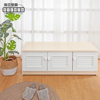 Birdie南亞塑鋼-4尺三開門防水塑鋼坐式百葉鞋櫃/座鞋櫃/收納穿鞋椅(白色+胡桃色) 歷史價格詳細信息