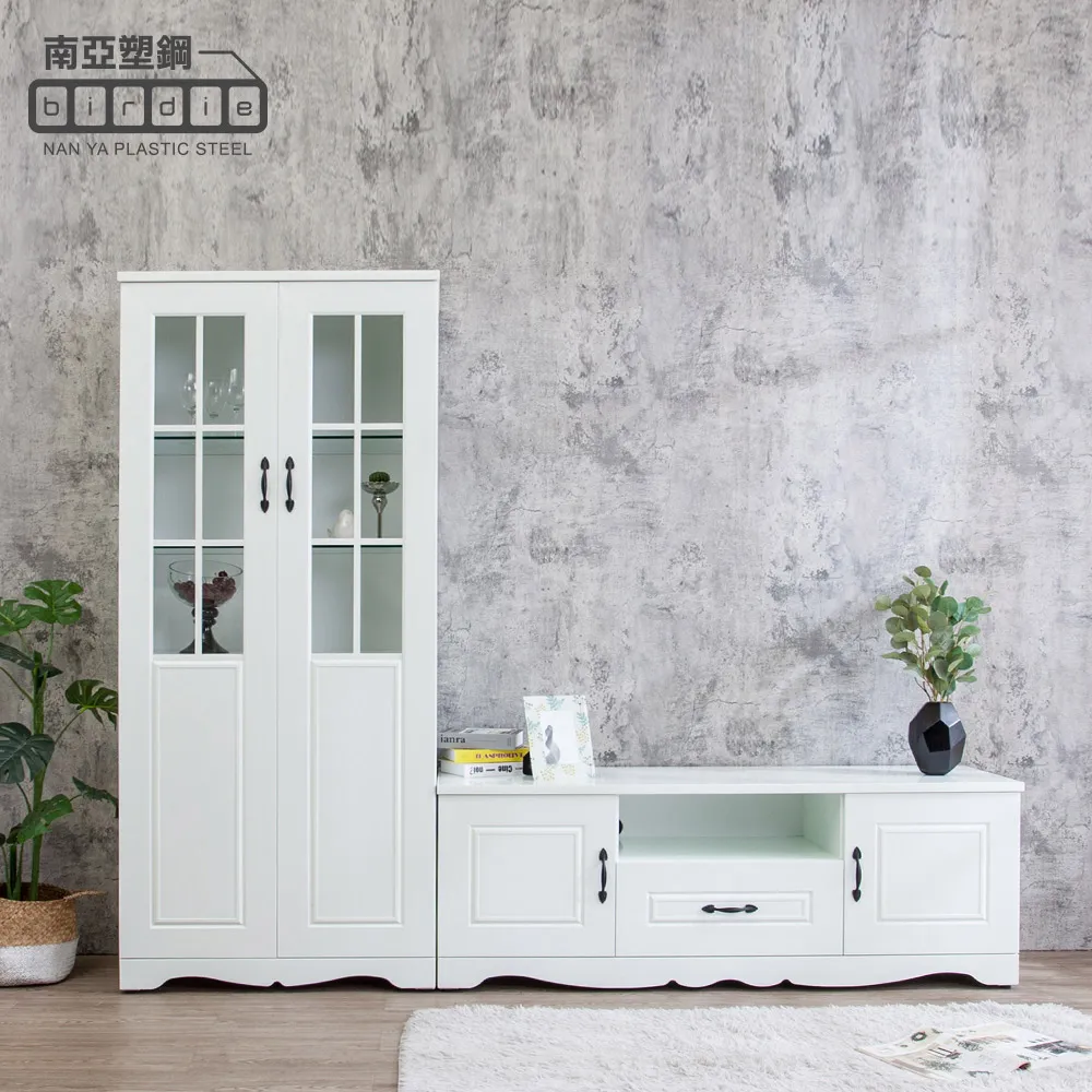 Birdie南亞塑鋼-鄉村歐風2.7尺四開門二抽中開放格子窗線板造型書櫃/展示櫃/收納置物櫃(胡桃色+白色) 歷史價格詳細信息