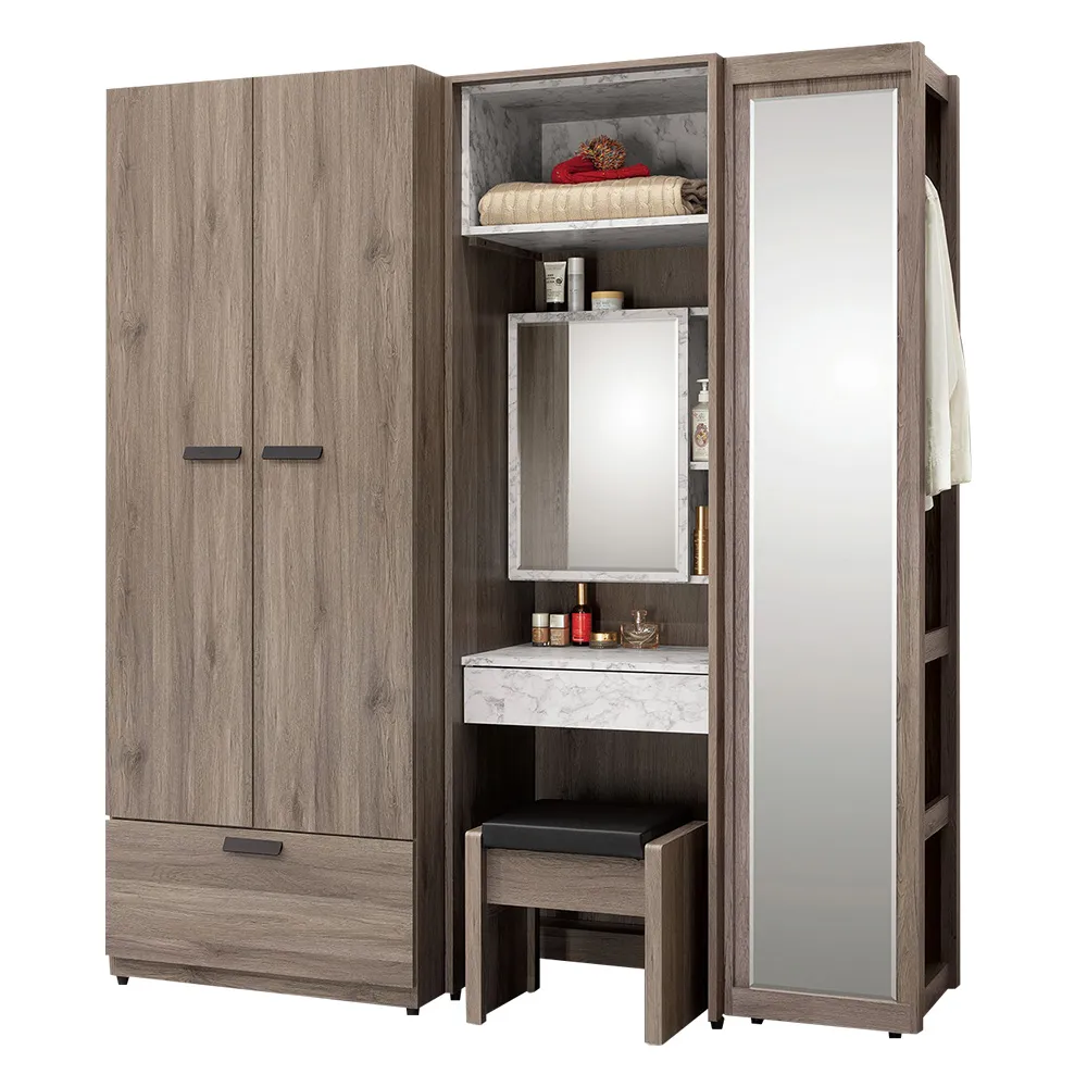 Bernice-杰恩8.3尺多功能衣櫃+化妝鏡台組合(五格開放式+二門+衣櫃式鏡台+二門單抽) 歷史價格詳細信息