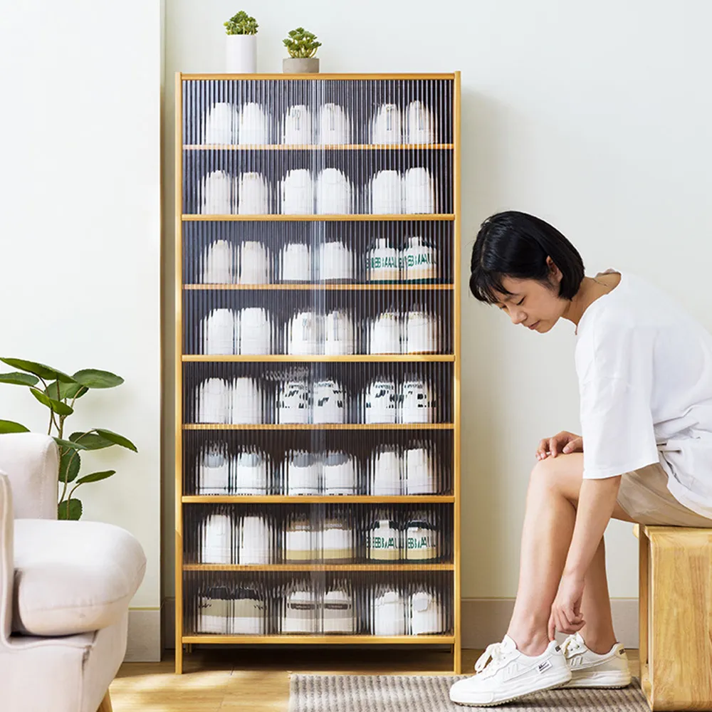 【HappyLife】楠竹製半透移門鞋櫃/原色/十層60CM (Y10927) 歷史價格詳細信息