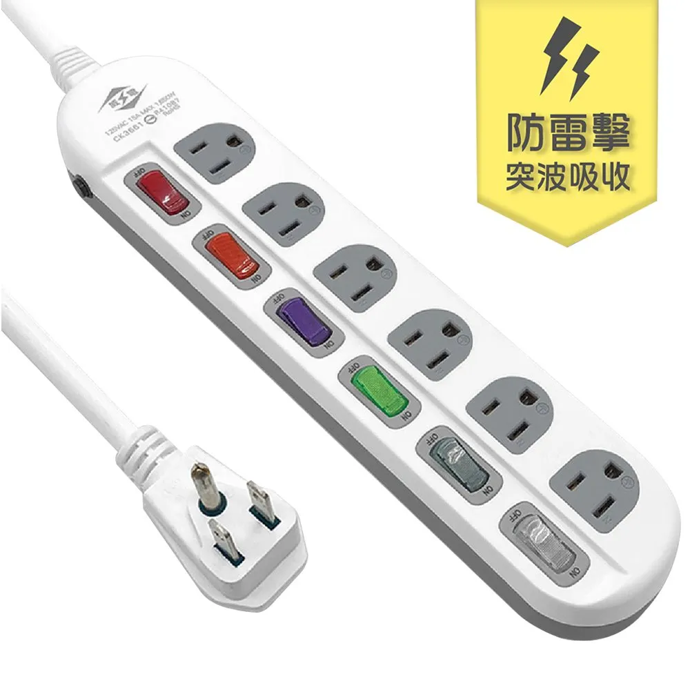 【威電】CK-3661-6綠色款3孔6開6座 防雷擊 突波 電腦 延長線 6尺/1.8M(直立插頭 過載斷電 ) 歷史價格詳細信息