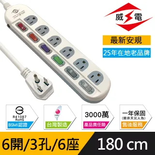 威電 新安規 15A 6開2孔6座 電源延長線-180公分 歷史價格詳細信息