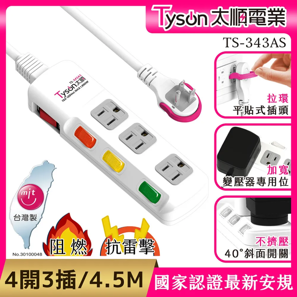 Tyson太順電業 TS-344AS 3孔4切4座延長線(拉環扁插)-2.7米 歷史價格詳細信息