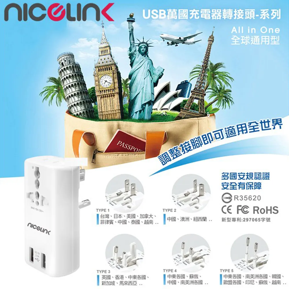 【NICELINK 耐司林克】2入組 雙USB3.1A萬國充電器轉接頭(USB充電器/擴充座/旅行萬用轉接 US-T23A) 歷史價格詳細信息