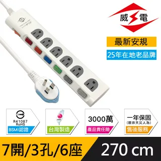 威電 新安規 15A 7開3孔6座 電源延長線-180公分 (2入組) 歷史價格詳細信息