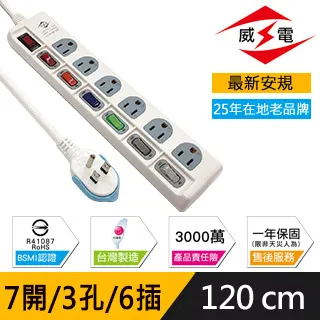 威電 新安規 15A 7開3孔6座 電源延長線-180公分 (2入組) 歷史價格詳細信息