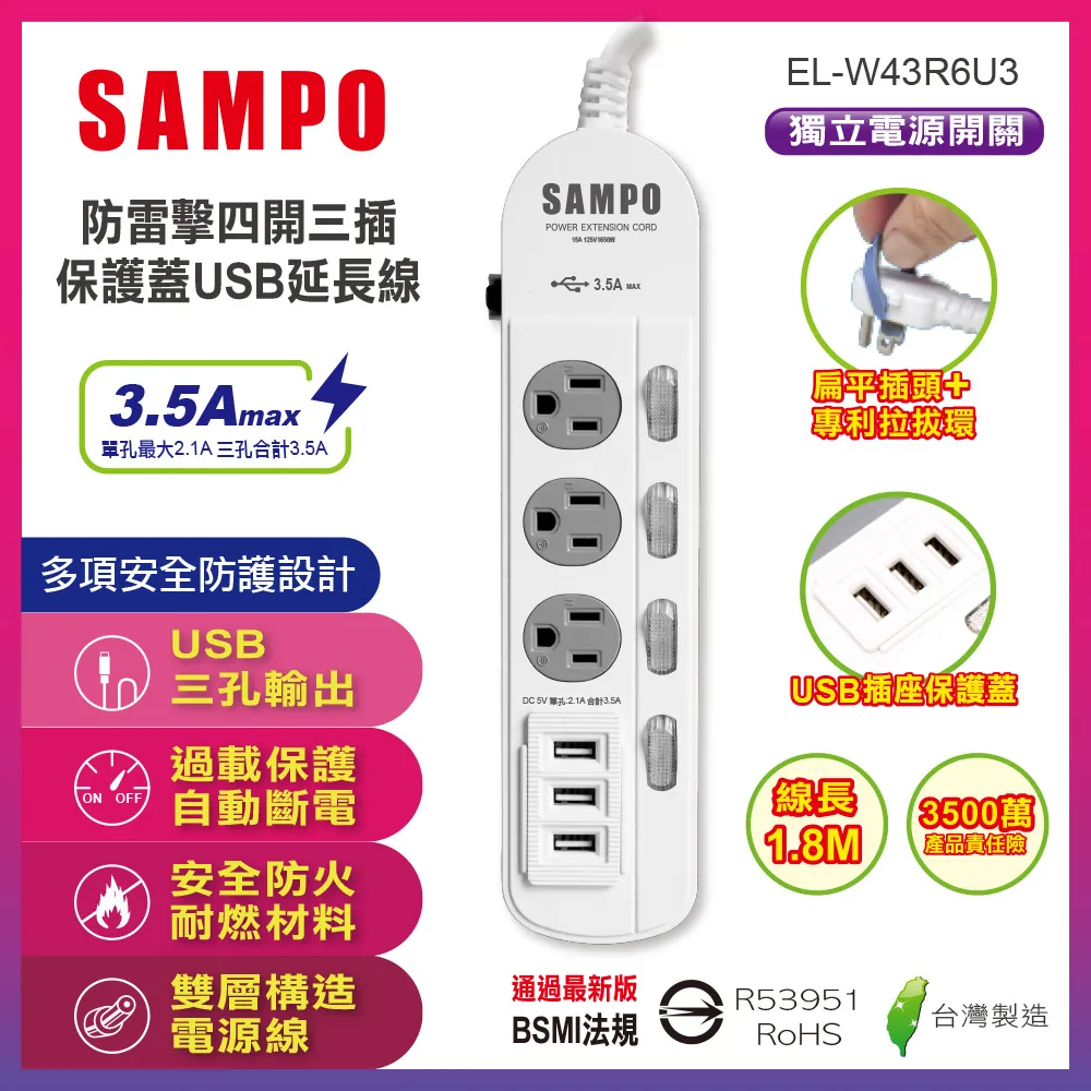 SAMPO 防雷擊四開三插保護蓋USB延長線 廠商直送 歷史價格詳細信息