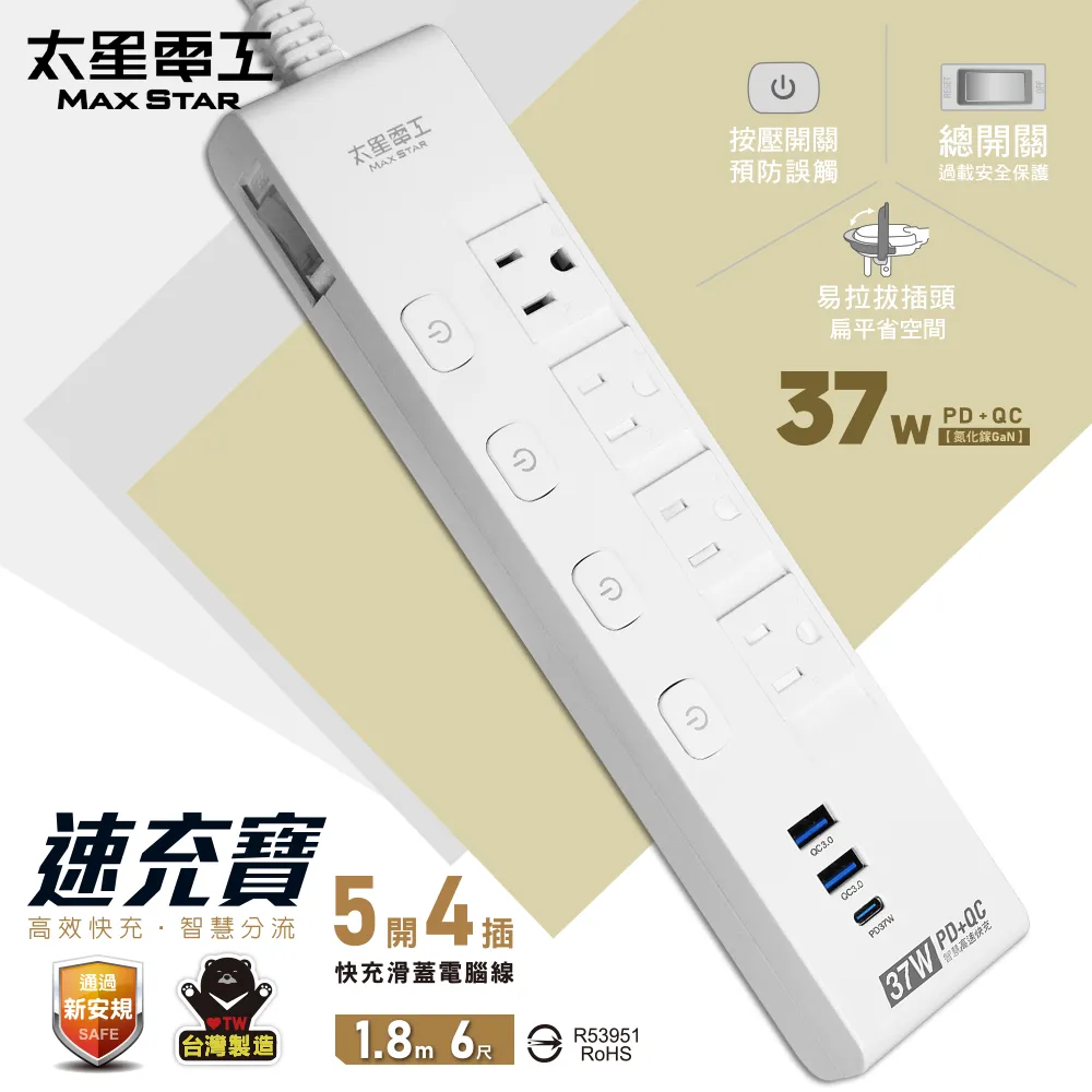 【太星電工】速充寶五開五插PD20W快充電腦線(15A/4尺)OPD55304 歷史價格詳細信息