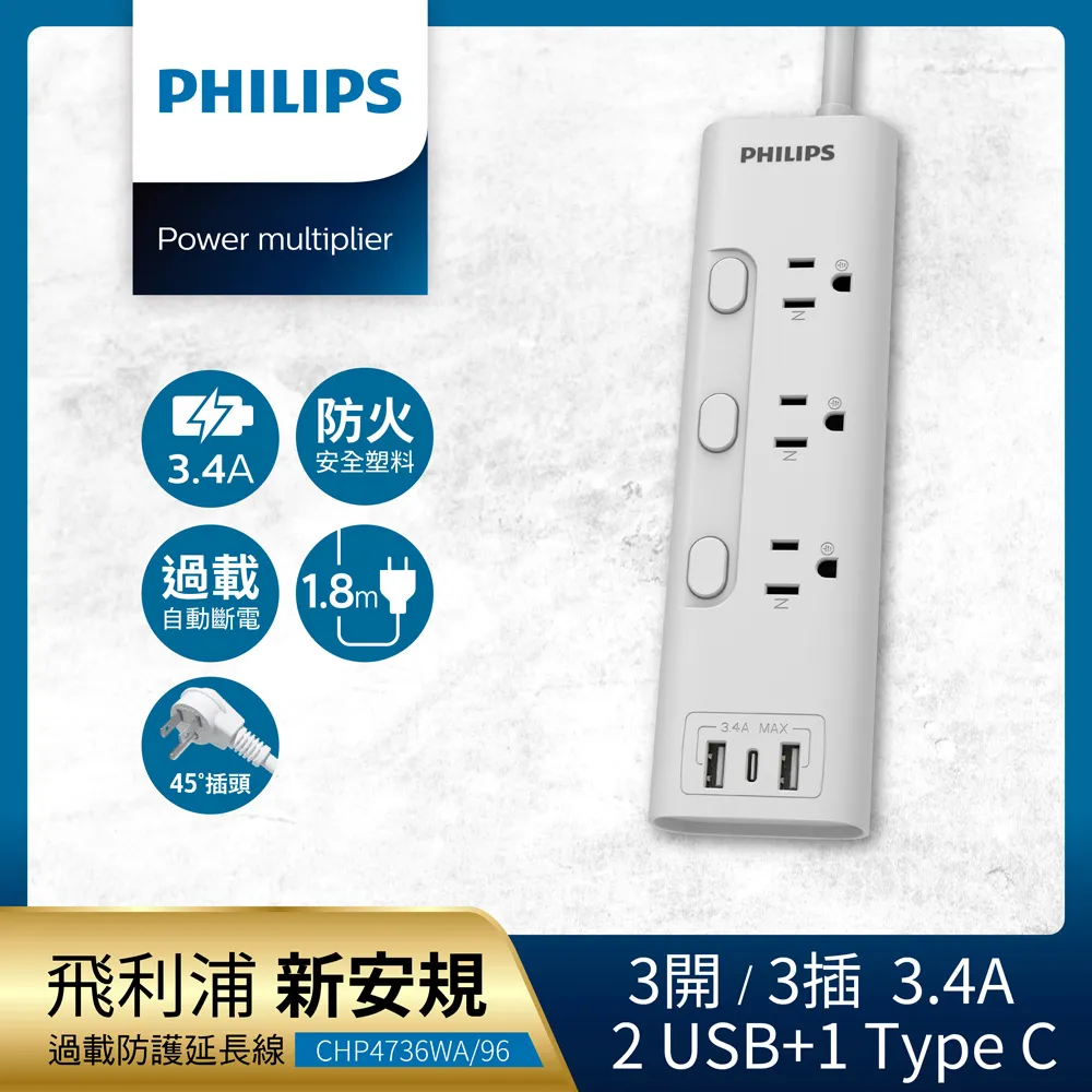 【Philips 飛利浦】新安規 3開3插 2USB+Type C PD 30W延長線1.8米-CHP8431 歷史價格詳細信息