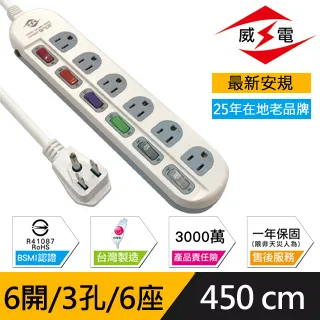 威電 新安規 15A 6開6座3孔 電源延長線-180公分 歷史價格詳細信息