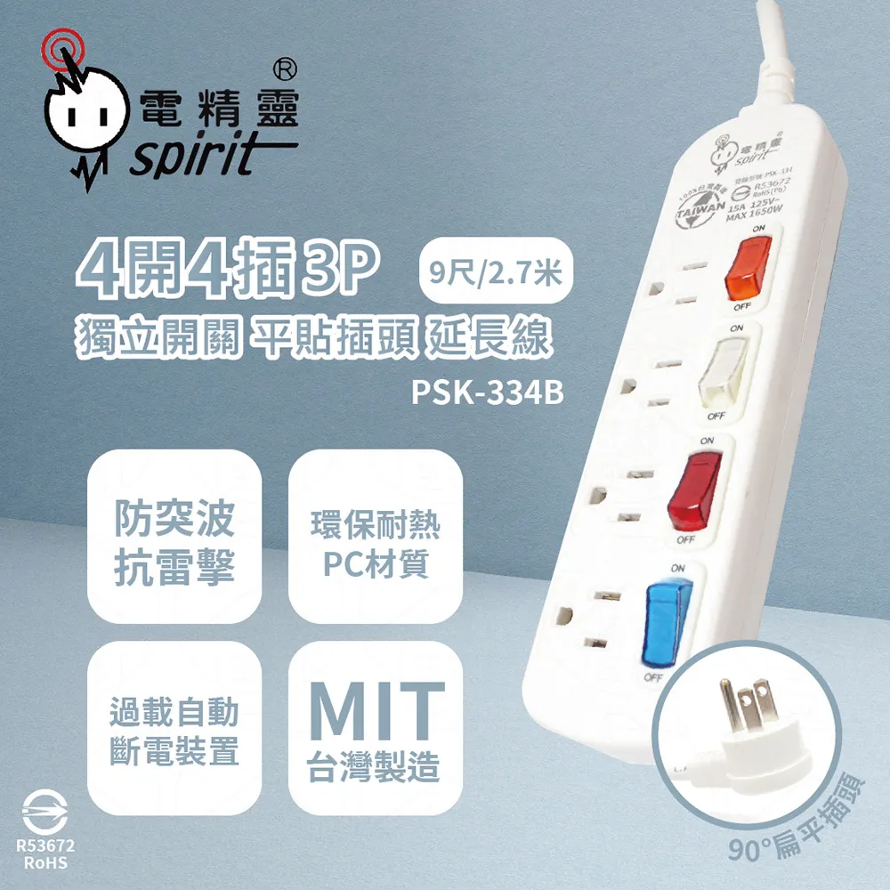 【電精靈spirit】【2入組】台灣製 PKK-316B 9尺 2.7米 1開6插3P 平貼插頭 插座 電腦延長線 歷史價格詳細信息