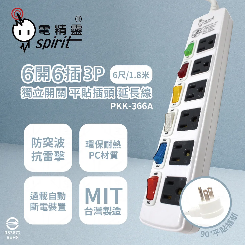 【電精靈spirit】台灣製 PKK-366B 9尺 2.7米 6開6插 3P 獨立開關 插座 電腦延長線 歷史價格詳細信息