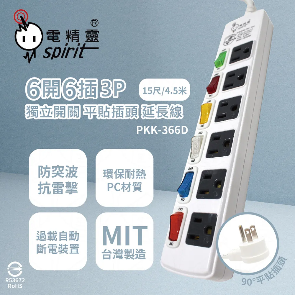 【電精靈spirit】【2入組】台灣製 PKK-316B 9尺 2.7米 1開6插3P 平貼插頭 插座 電腦延長線 歷史價格詳細信息