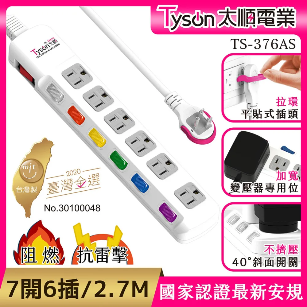 Tyson太順電業 TS-366AS 3孔6切6座延長線(拉環扁插)-1.8米 歷史價格詳細信息