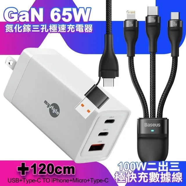 MyStyle 65W GaN氮化鎵極速充電器-黑+倍思 閃速二100W 一出三快充線1.2米-紫 歷史價格詳細信息