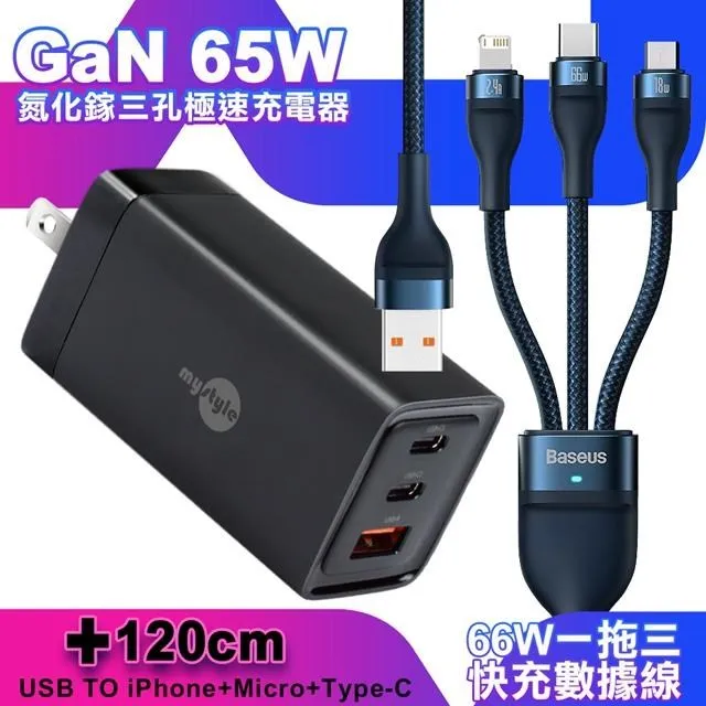 MyStyle 65W GaN氮化鎵極速充電器-黑+倍思 閃速二100W 一出三快充線1.2米-紫 歷史價格詳細信息