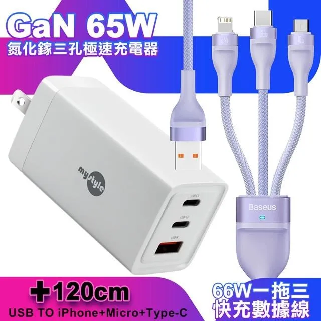 MyStyle 65W GaN氮化鎵極速充電器-黑+倍思 閃速二100W 一出三快充線1.2米-紫 歷史價格詳細信息
