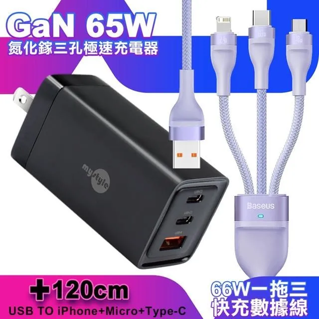 MyStyle 65W GaN氮化鎵極速充電器-黑+倍思 閃速二100W 一出三快充線1.2米-紫 歷史價格詳細信息