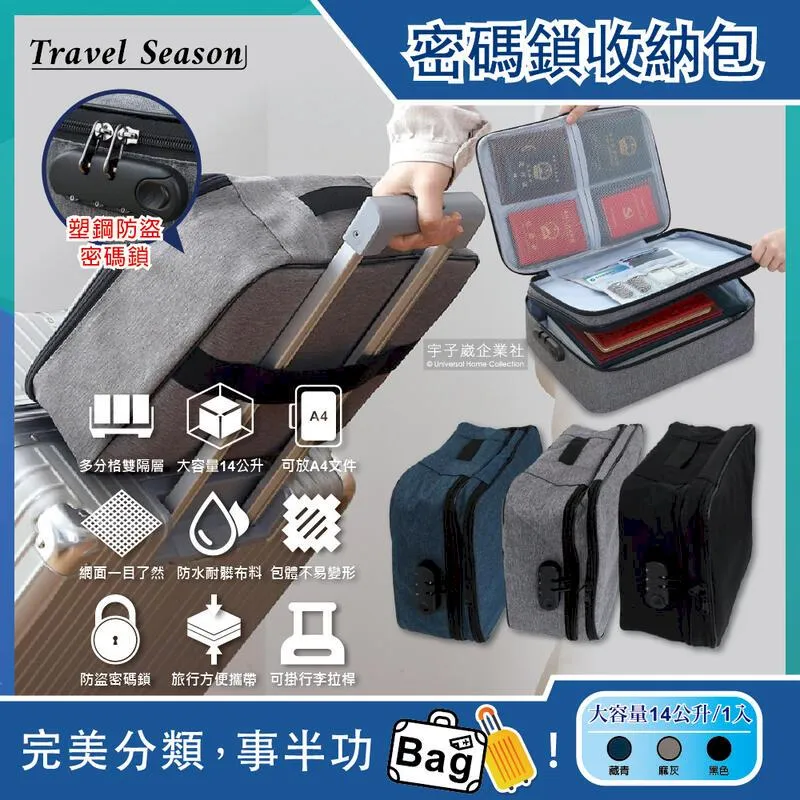 【Travel Season】雙主層拉鏈網格多口袋隔層密碼鎖護照證件收納包-麻灰色(收納袋可掛行李箱拉桿) 歷史價格詳細信息