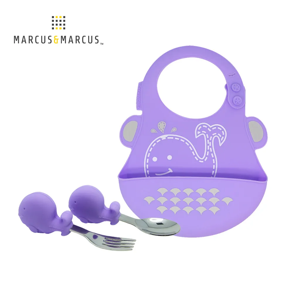 MARCUS＆MARCUS　大口吃飯學習餐具組(圍兜+握握叉匙) -紫鯨魚 價格比較,價格查詢,歷史價格詳細信息